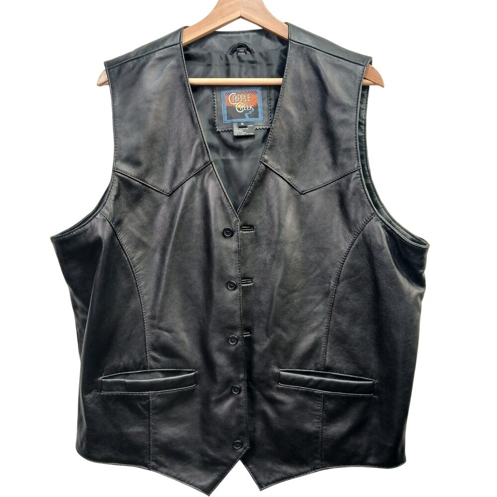 Cripple Creek Genuine Leather Western Vest Mens XL Black Button Front